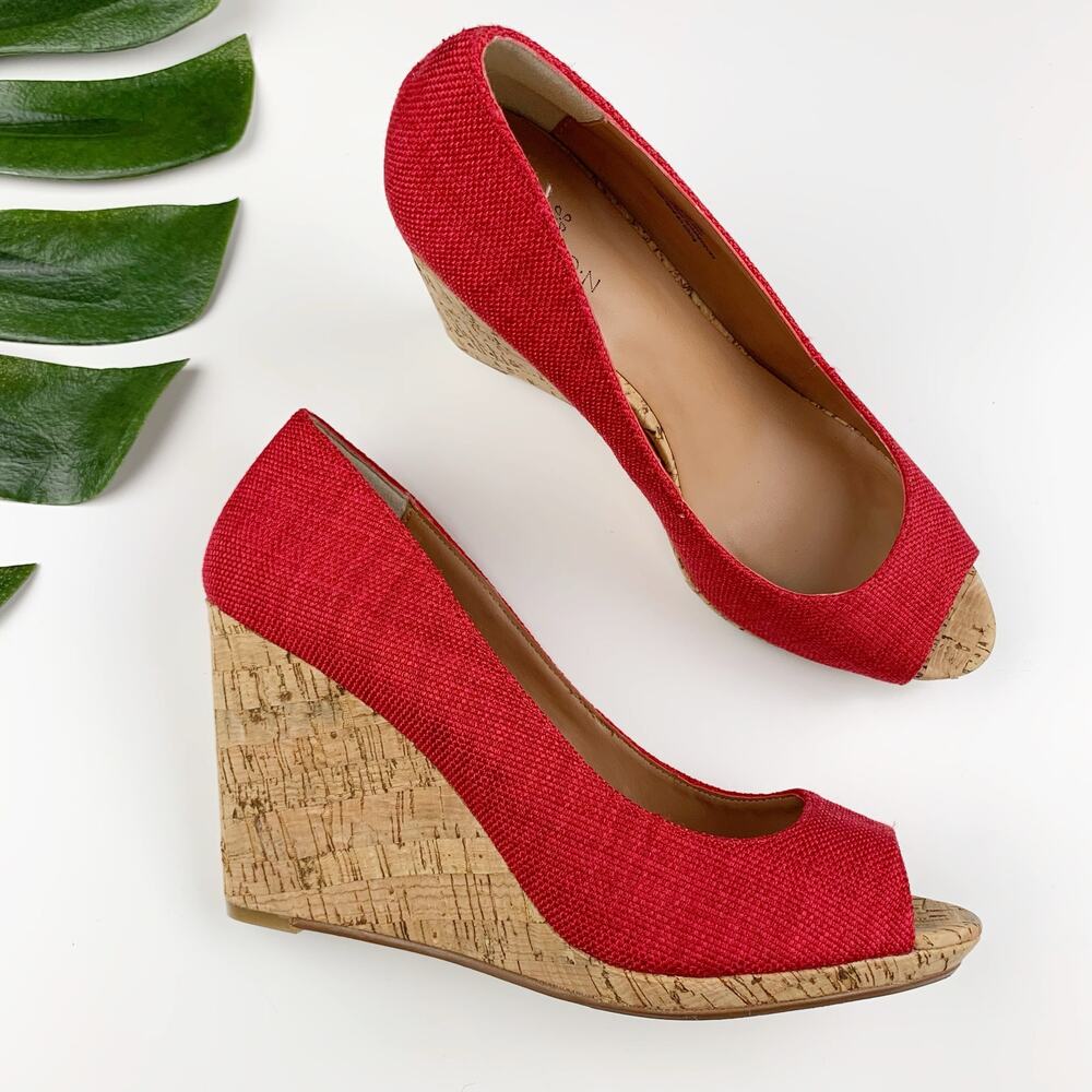 Caslon Devin Peep Toe Wedge Heels Red Fabric Cork Slip-On Women's 9.5